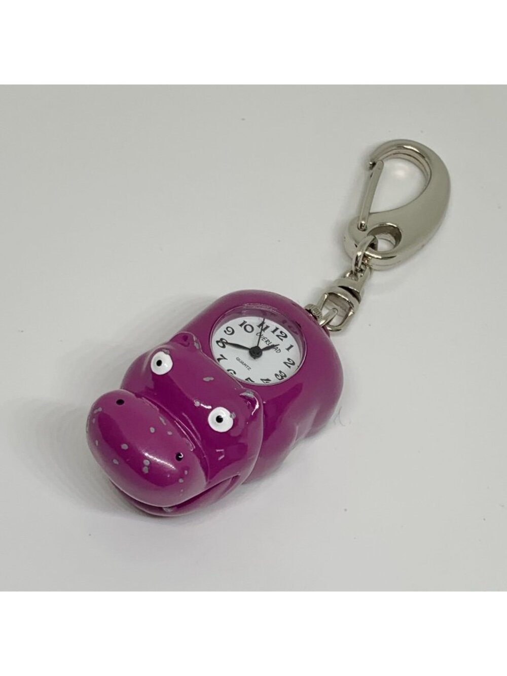 vintage hippo key chain pocket watch purple tone metallic 3D hippo 25mm running